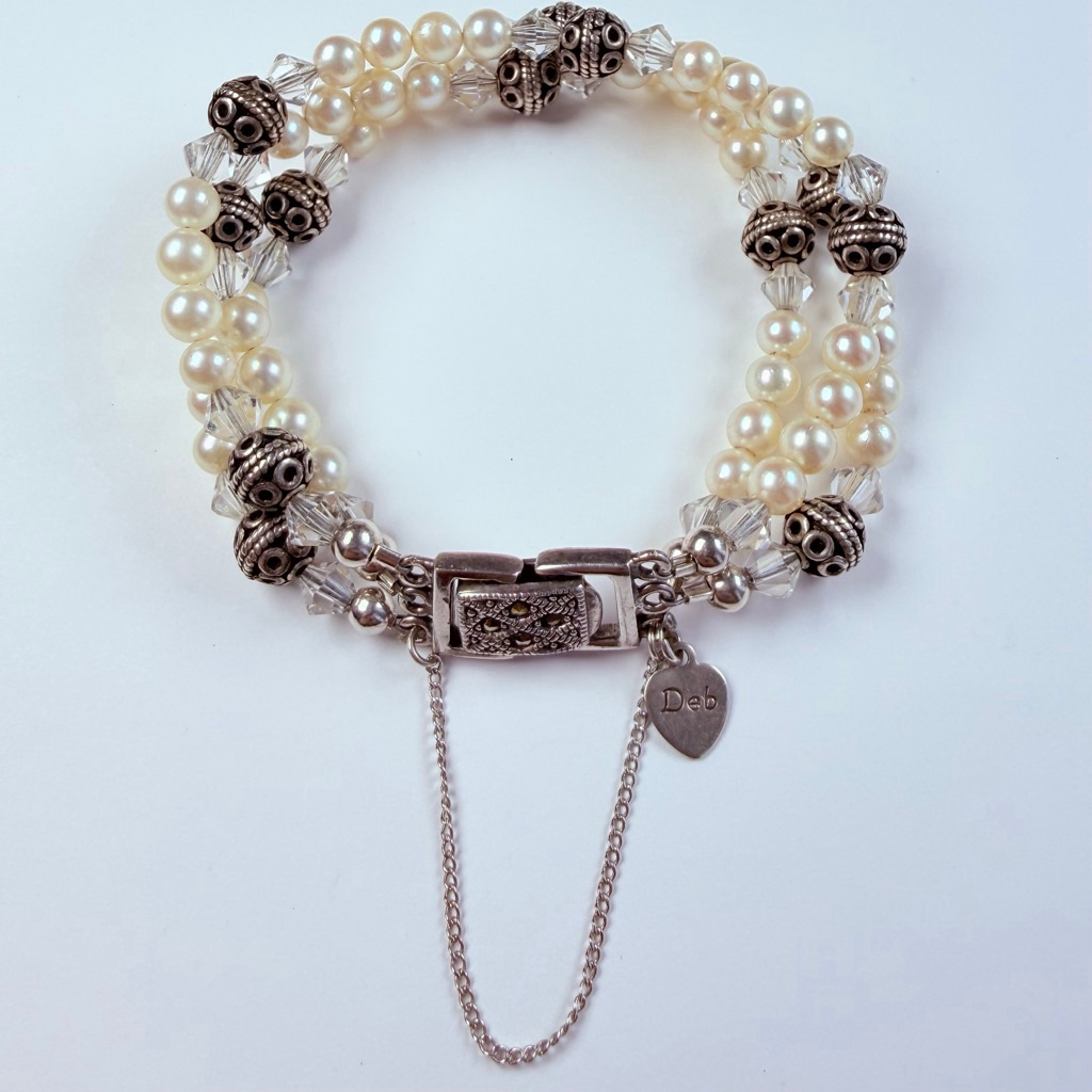 Deb Guyot Natural Pearl Crystal & Sterling Silver 925 Three Strand Vtg Bracelet